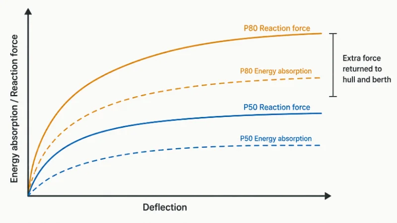 Diagramm, das zeigt, wie P80 im Vergleich zu P50 bei gleicher Größe sowohl die Energieabsorption als auch die Reaktionskraft erhöht.