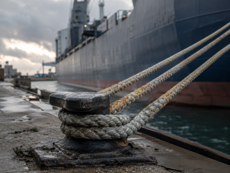 Thick synthetic mooring ropes running from a ship's deck down to a quayside bollard at a commercial berth