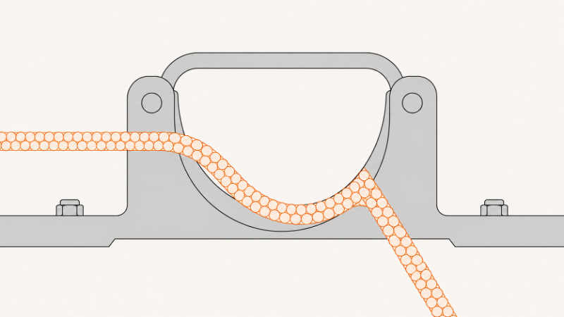 Cross-section illustration of a mooring line bending through a ship's fairlead, showing the rope diameter against the bend radius of the fitting