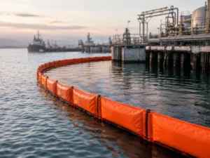 orange oil spill containment boom deployed around a harbor fuel terminal in calm water