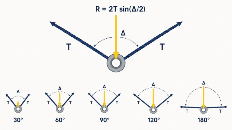Diagram showing how the resultant load on a fairlead rises as the mooring line's change of direction increases.