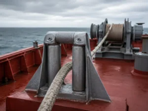 Roller fairlead guiding a mooring line across a ship's deck toward the winch.