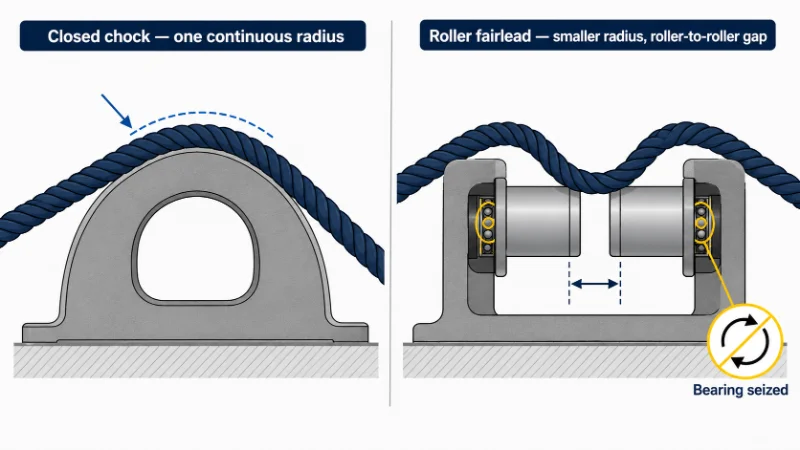 Comparison diagram of rope contact radius on a closed chock versus a roller fairlead with a seized roller.