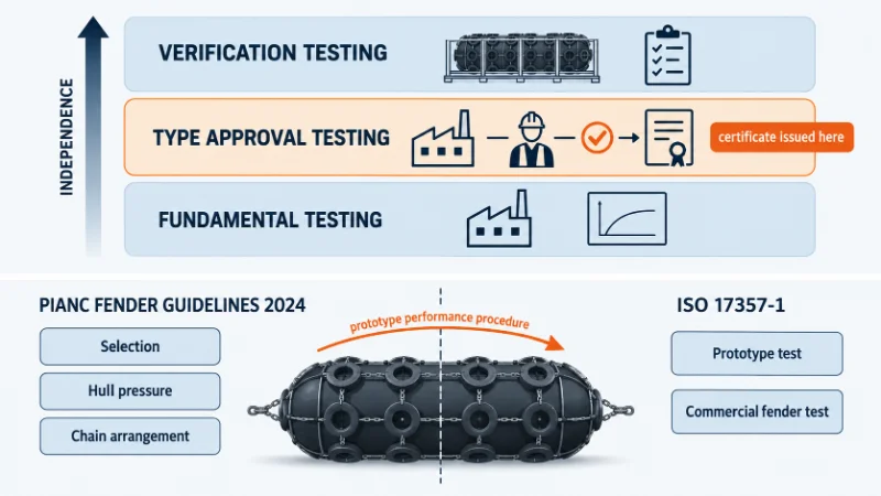 Diagram: the 2024 report covers selection and hull pressure; ISO 17357 covers prototype and commercial tests