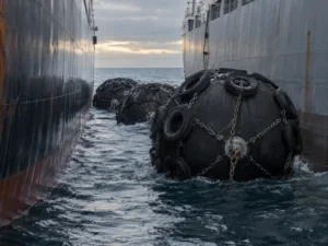 Pneumatic fenders taking the load between two hulls during a ship-to-ship transfer