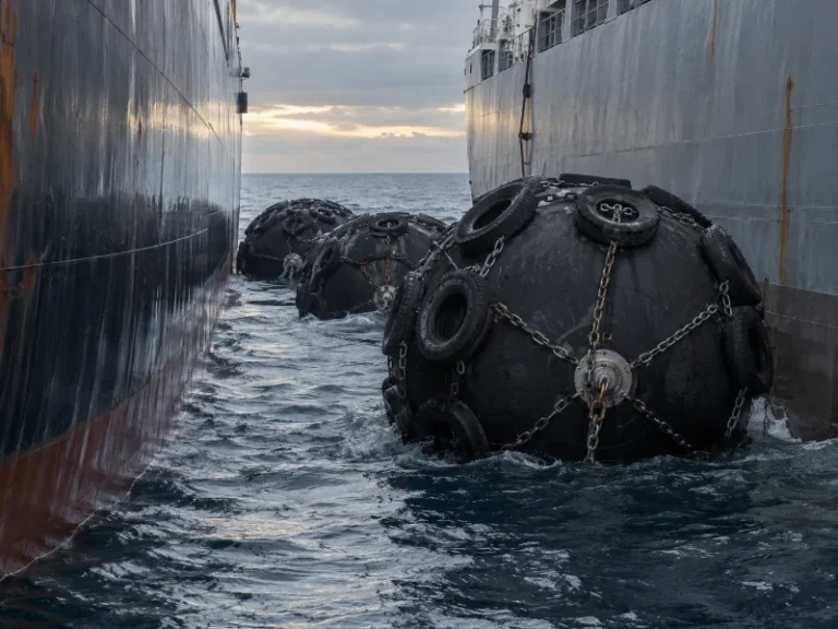 Pneumatic fenders taking the load between two hulls during a ship-to-ship transfer